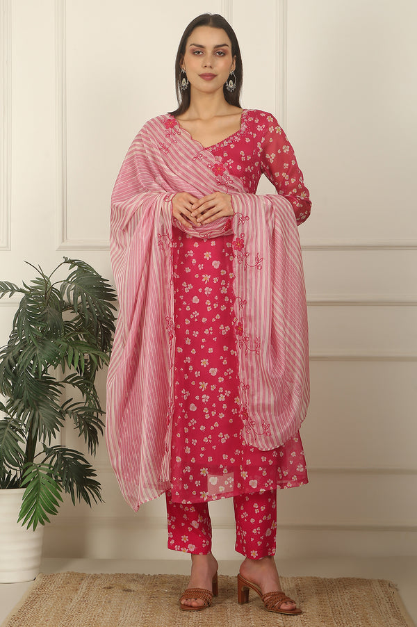 Pink Floral Printed Organza Anarkali Kurta, Pants and Dupatta Set
