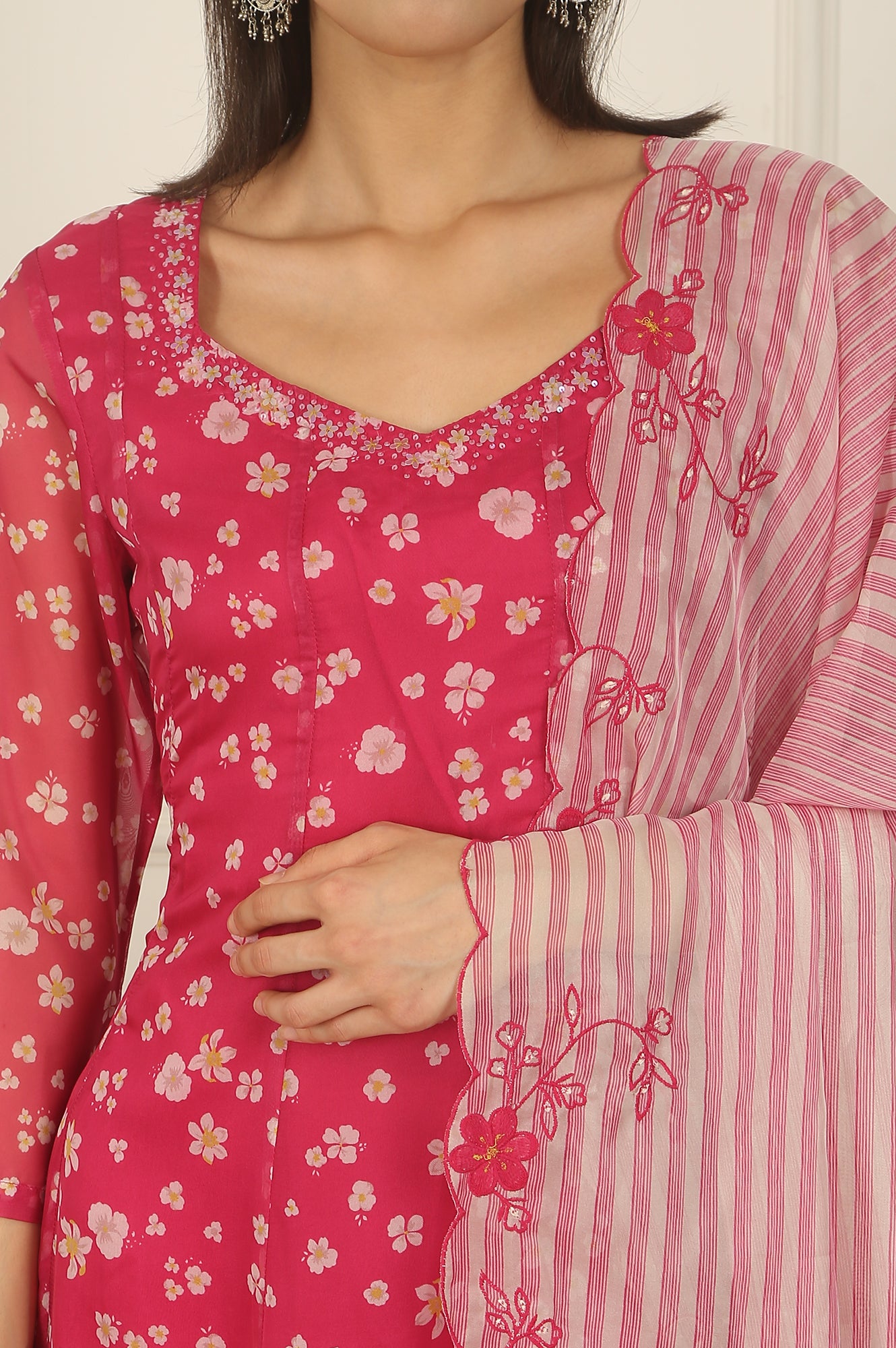 Pink Floral Printed Organza Anarkali Kurta, Pants and Dupatta Set