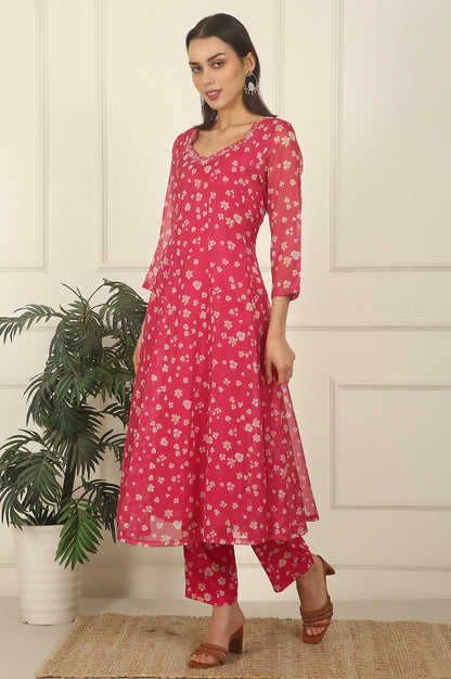 Pink Floral Printed Organza Anarkali Kurta, Pants and Dupatta Set