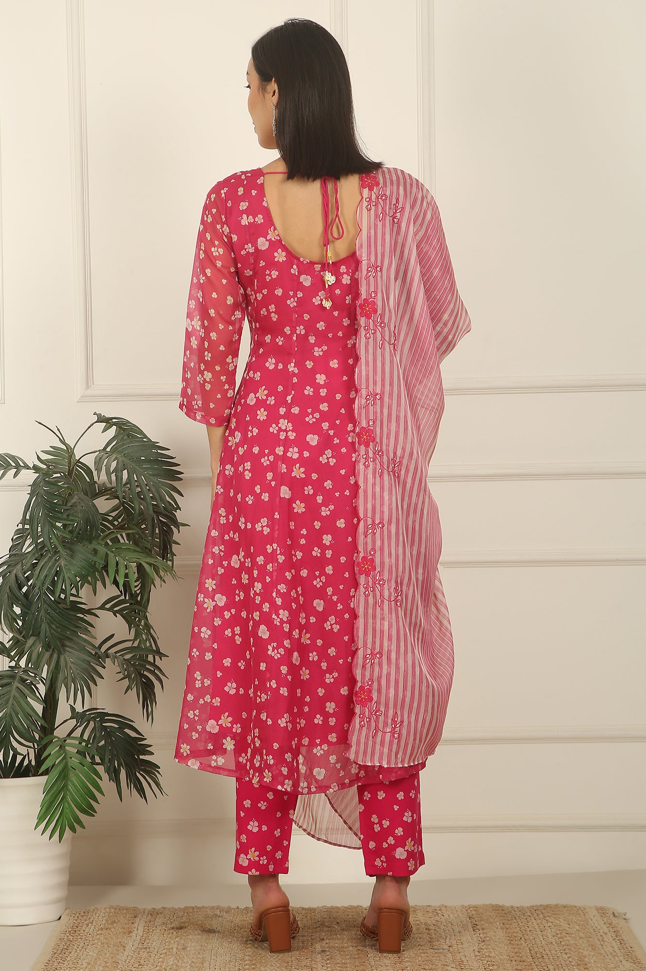 Pink Floral Printed Organza Anarkali Kurta, Pants and Dupatta Set