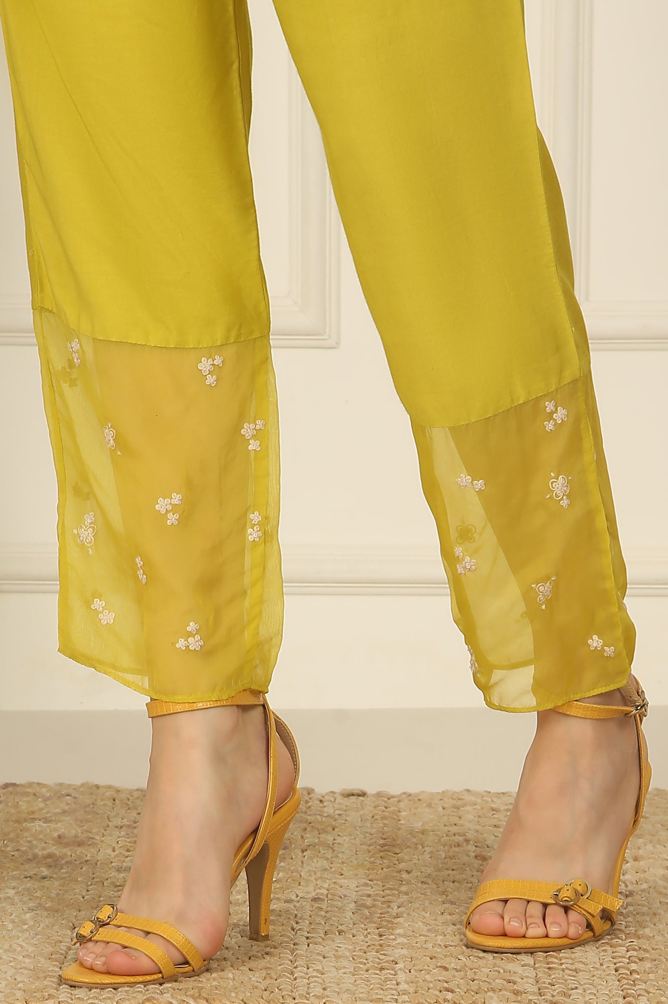 Celery Green Embroidered Chanderi Straight Kurta, Pants and Dupatta Set