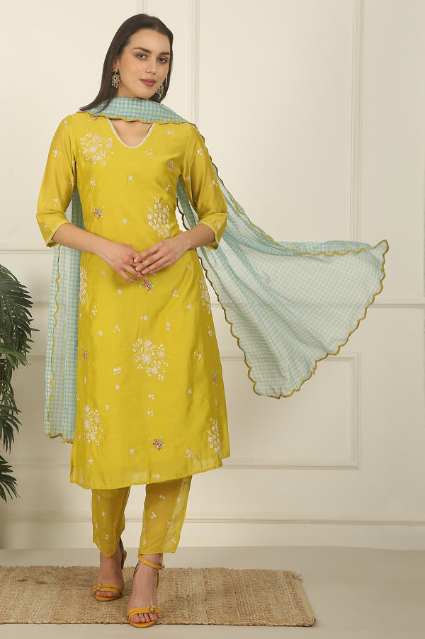 Celery Green Embroidered Chanderi Straight Kurta, Pants and Dupatta Set