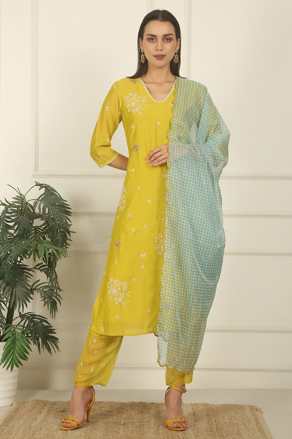 Celery Green Embroidered Chanderi Straight Kurta, Pants and Dupatta Set