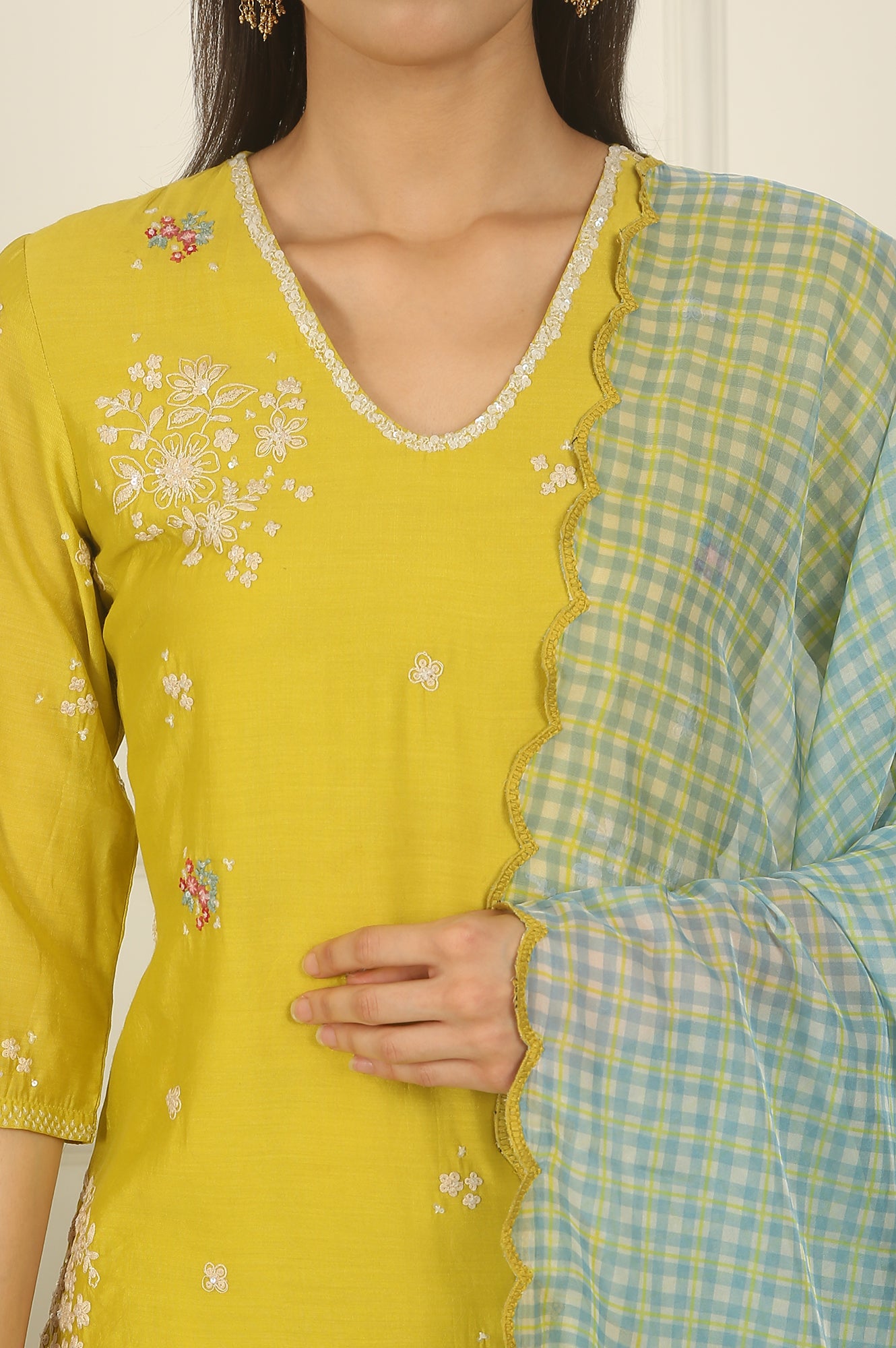 Celery Green Embroidered Chanderi Straight Kurta, Pants and Dupatta Set