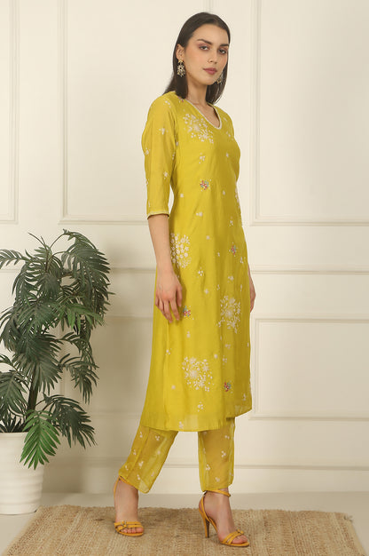 Celery Green Embroidered Chanderi Straight Kurta, Pants and Dupatta Set