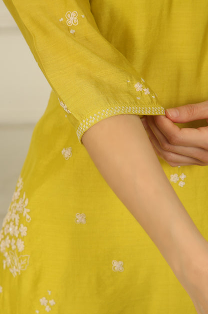Celery Green Embroidered Chanderi Straight Kurta, Pants and Dupatta Set