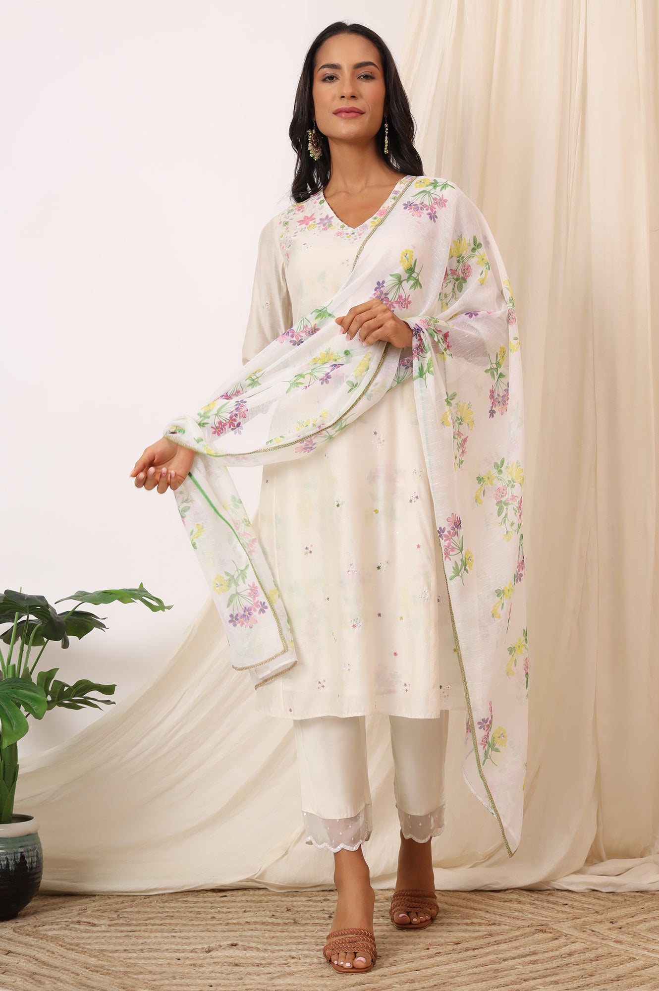 White Embroidered Chanderi A-line Kurta, Pants and Dupatta Set