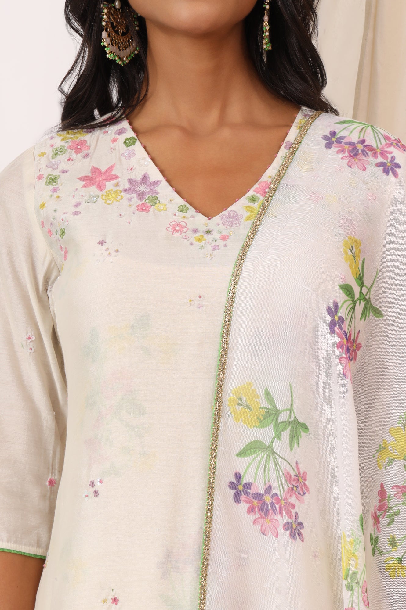 White Embroidered Chanderi A-line Kurta, Pants and Dupatta Set