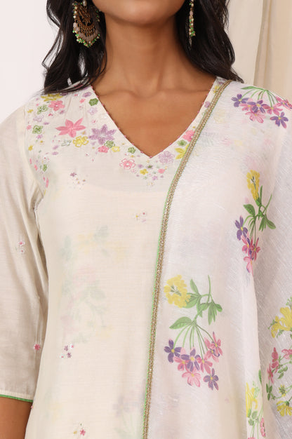 White Embroidered Chanderi A-line Kurta, Pants and Dupatta Set