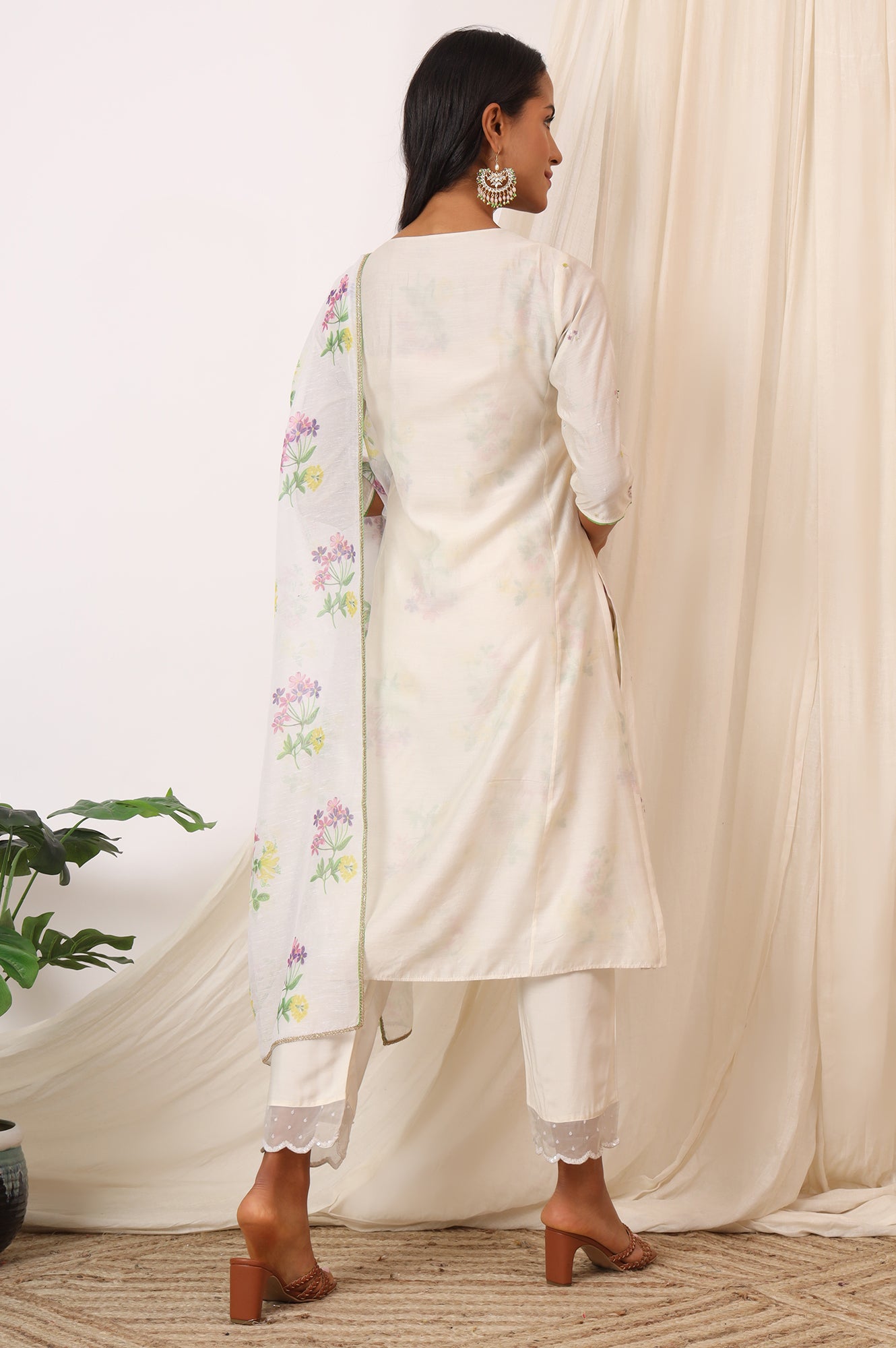 White Embroidered Chanderi A-line Kurta, Pants and Dupatta Set