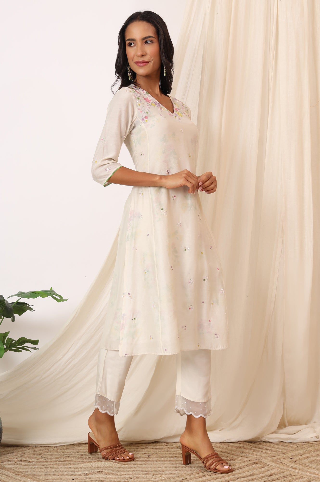 White Embroidered Chanderi A-line Kurta, Pants and Dupatta Set