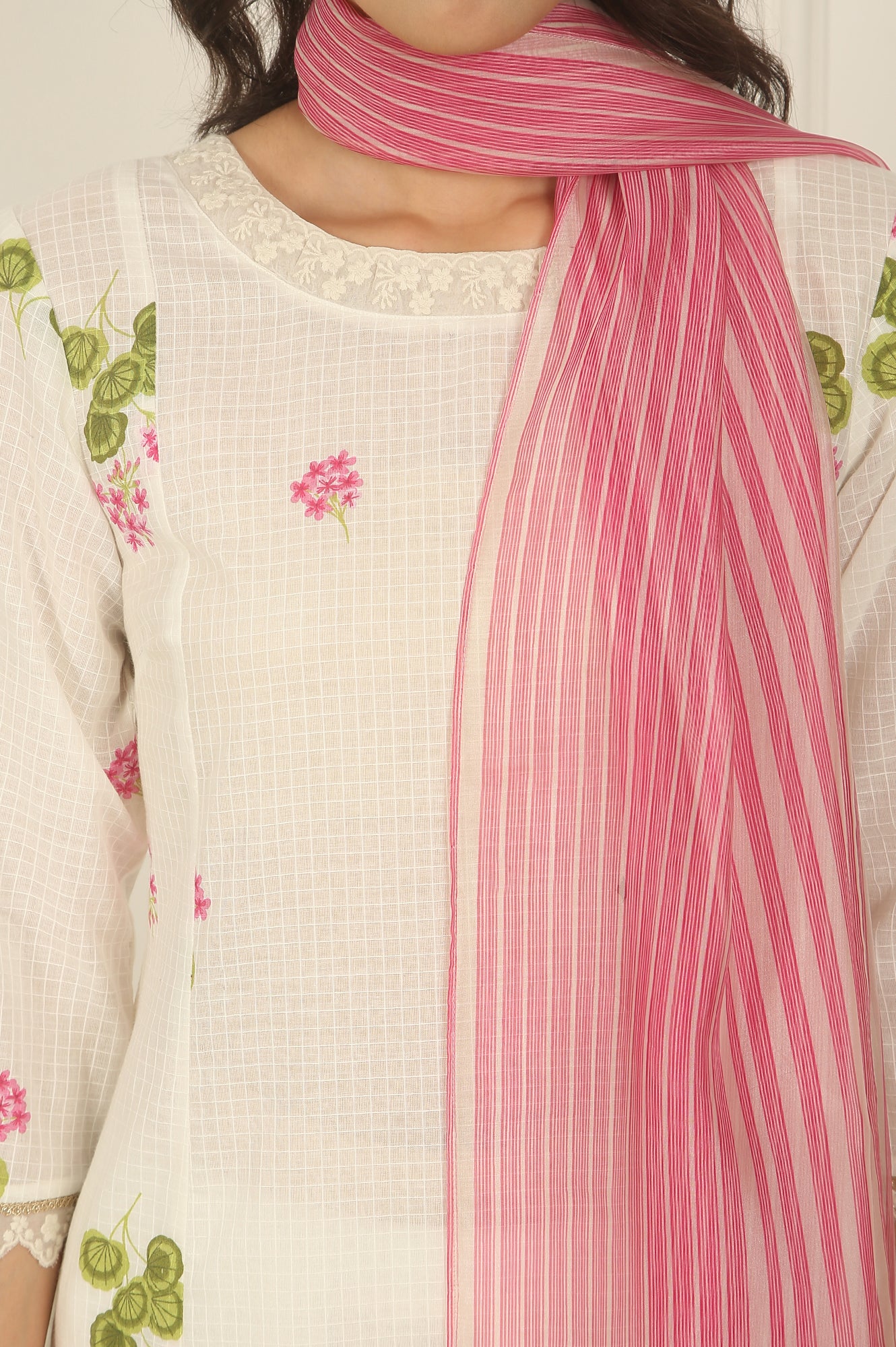 White Floral Printed Checker Cotton A-line Kurta, Pants and Dupatta Set