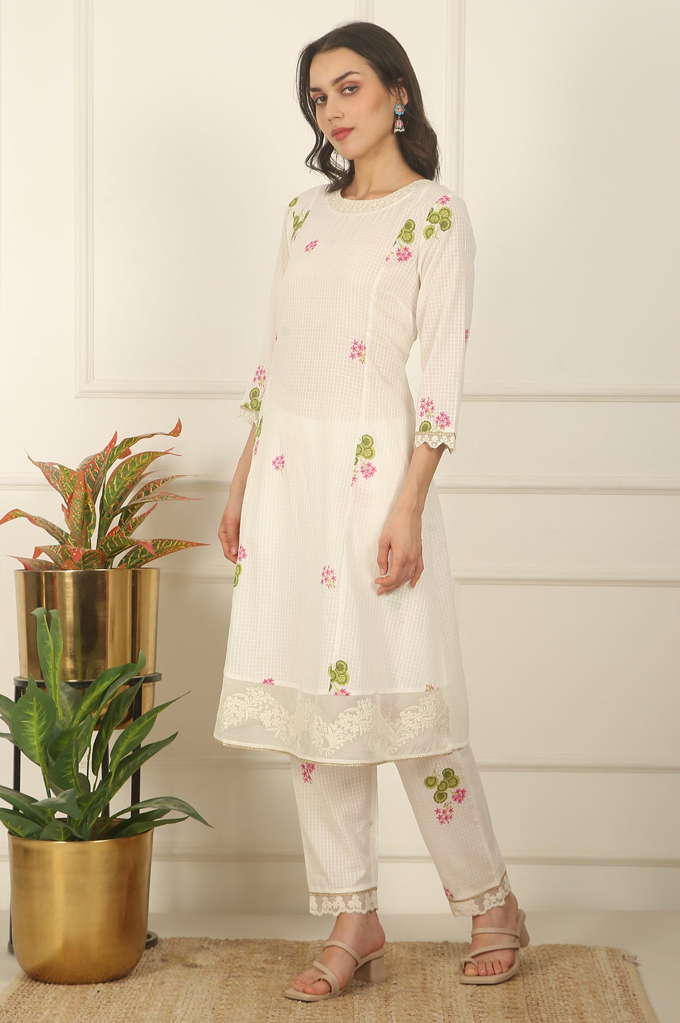 White Floral Printed Checker Cotton A-line Kurta, Pants and Dupatta Set