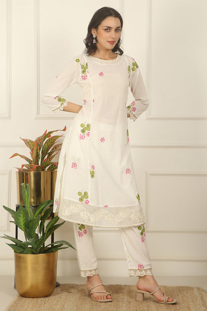 White Floral Printed Checker Cotton A-line Kurta, Pants and Dupatta Set