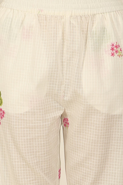 White Floral Printed Checker Cotton A-line Kurta, Pants and Dupatta Set