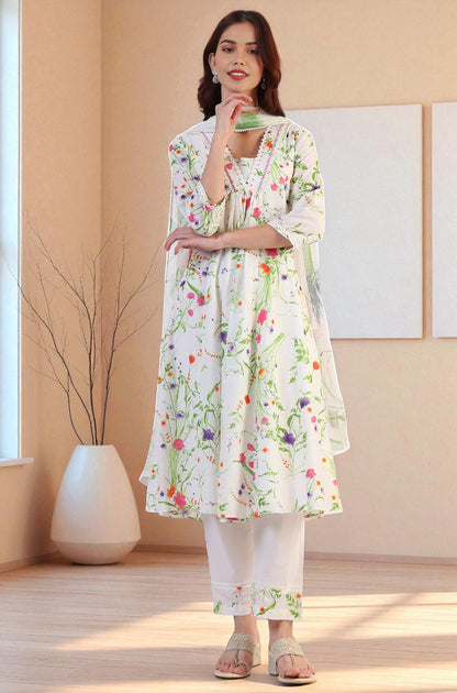White Floral Printed Swiss Dot Textured Anarkali Kurta, Straight Pants and Dupatta Set