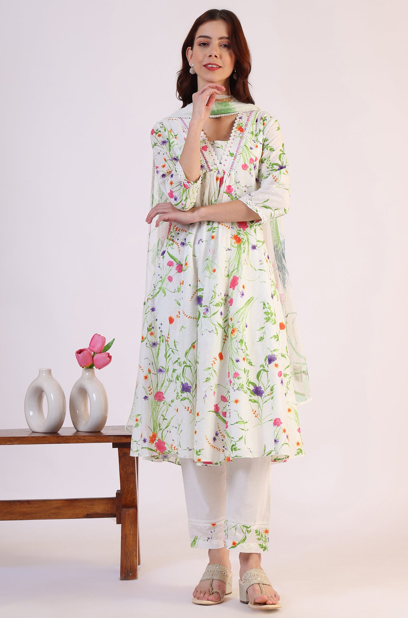 White Floral Printed Swiss Dot Textured Anarkali Kurta, Straight