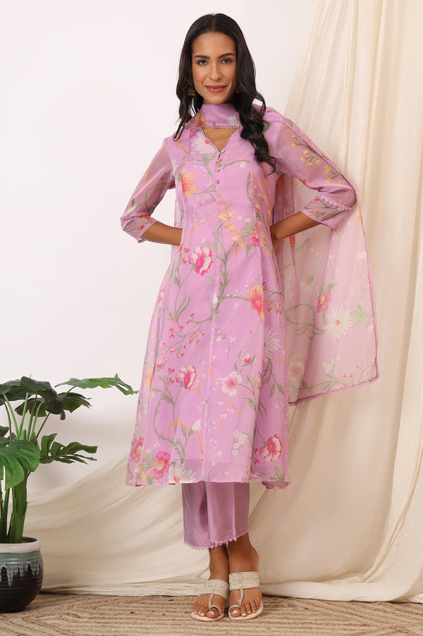 Lilac Floral Printed Flared Kurta with Pants and Dupatta Set