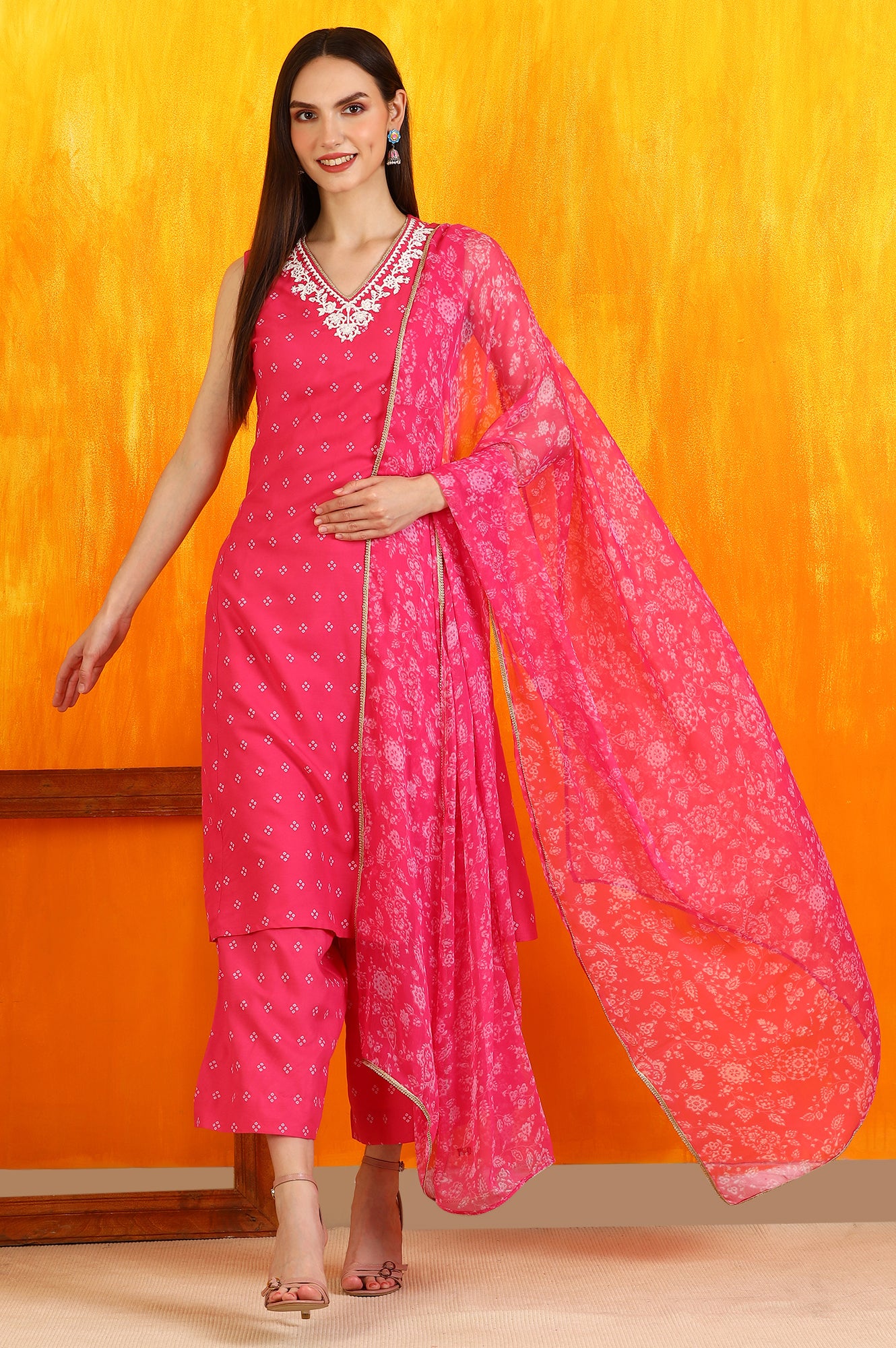 Pink Embroidered Shantung Sleeveless Kurta, Cropped Pants and