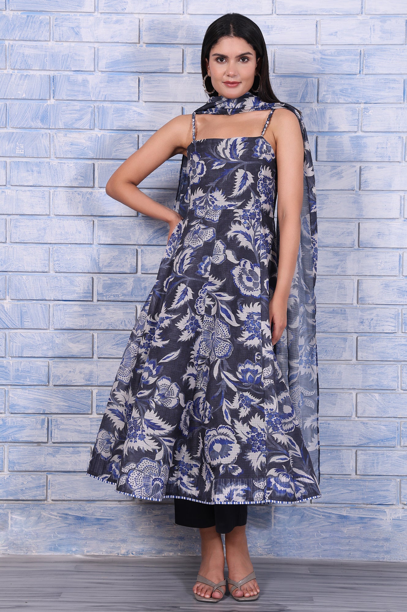 Grey Floral Printed Kota Flared Kurta, Straight Pant And Dupatta Set