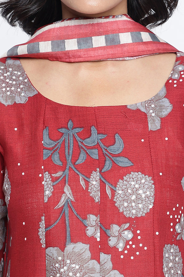 Garnet Red Printed Pure Cotton Flared Kurta, Straight Pant and Dupatta Set