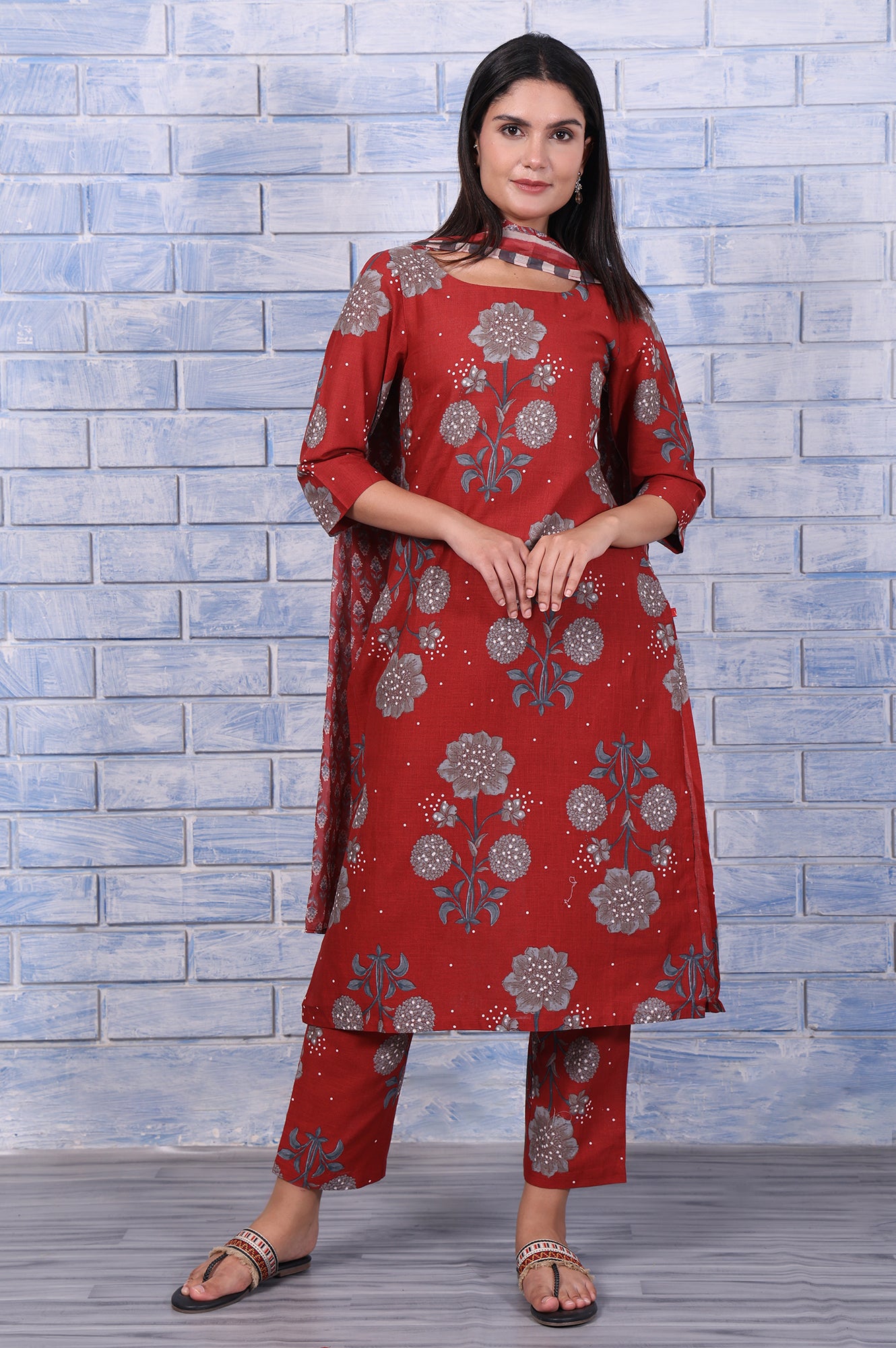 Red Floral Printed Pure Cotton A-Line Kurta, Straight Pant And Dupatta Set