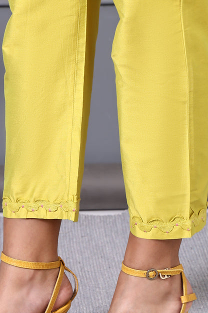 Yellow Floral Printed Beads Chanderi Flared Spaghetti Kurta, Pants and Dupatta Set