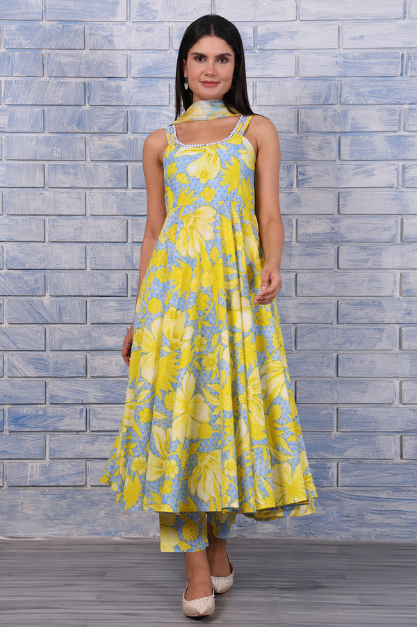 Blue Floral Printed Lace Pure Cotton Flared Kurta, Straight Pant And Dupatta Set