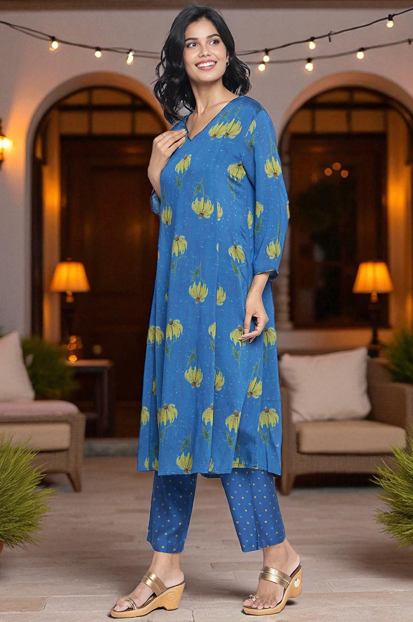 Tropical Blue Printed Crepe Flared Kurta, Straight Pant and Dupatta Set