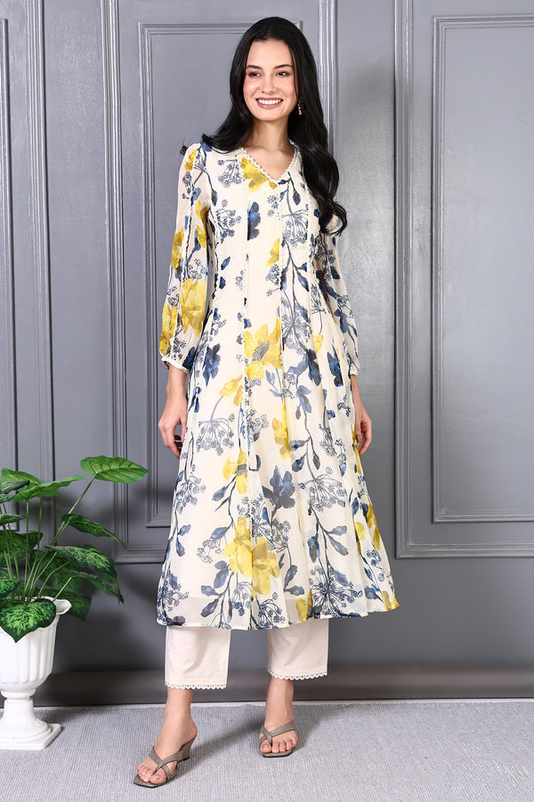 White Floral Printed Lace Chiffon Flared Kurta and Pants Set