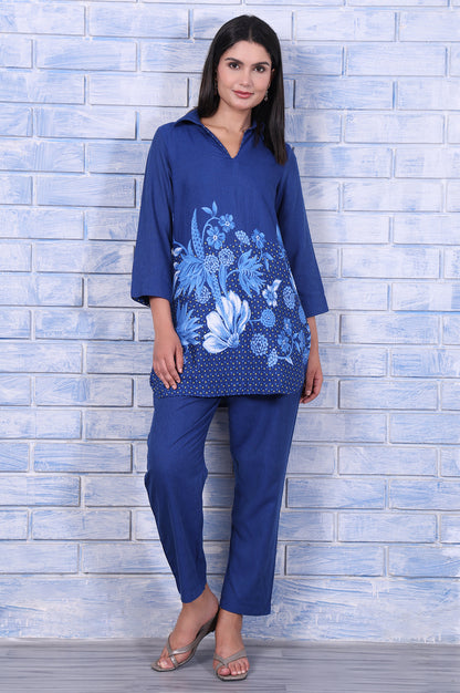 Blue Floral Printed Beads Rayon Flax Straight Kurta And Straight Pant Set