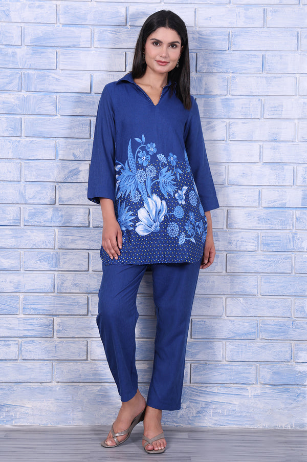 Blue Floral Printed Beads Rayon Flax Straight Kurta And Straight Pant Set