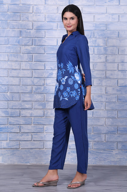Blue Floral Printed Beads Rayon Flax Straight Kurta And Straight Pant Set