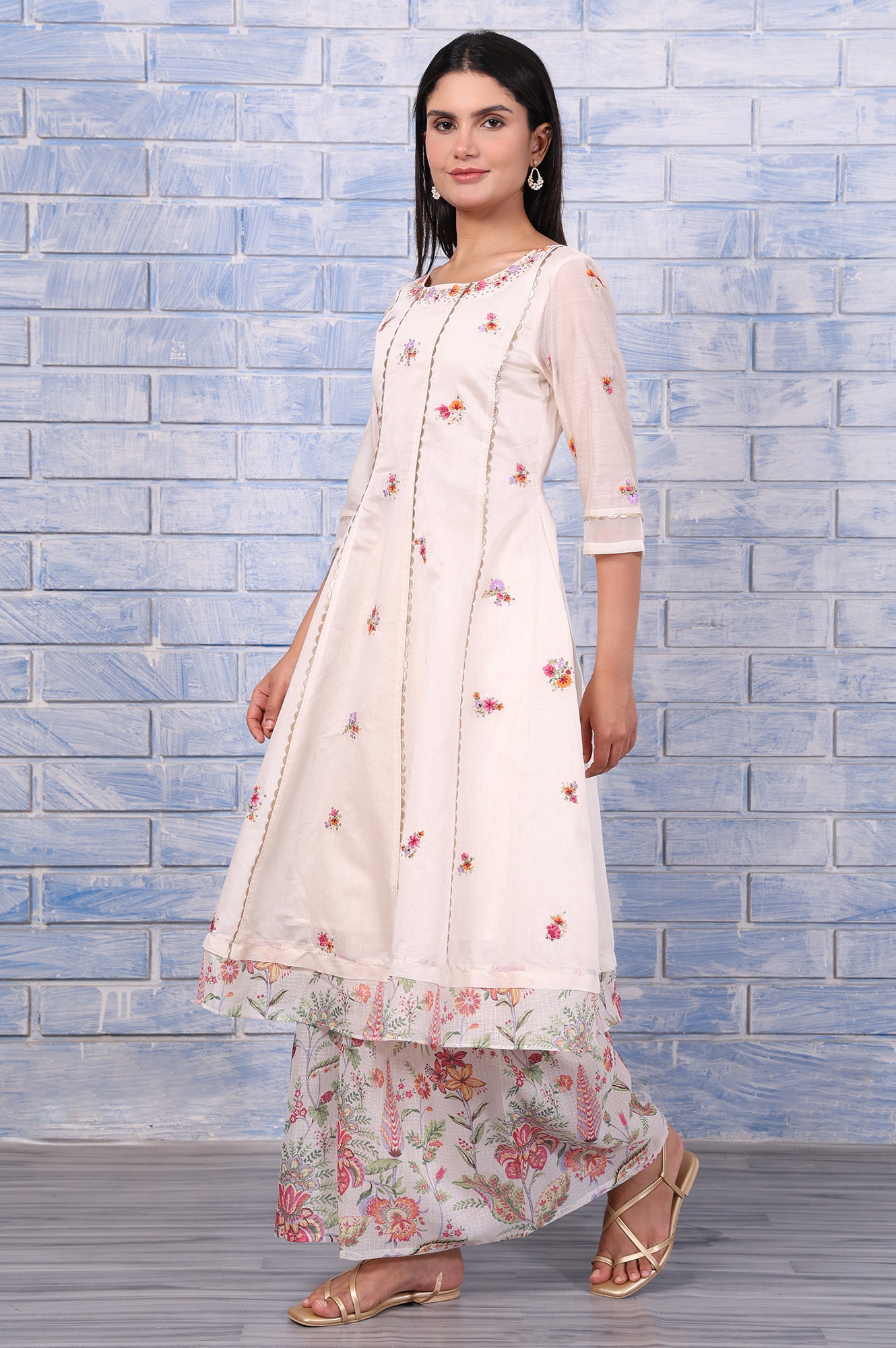 White Embroidered Printed Chanderi Flared Kurta, Palazzo And Dupatta Set