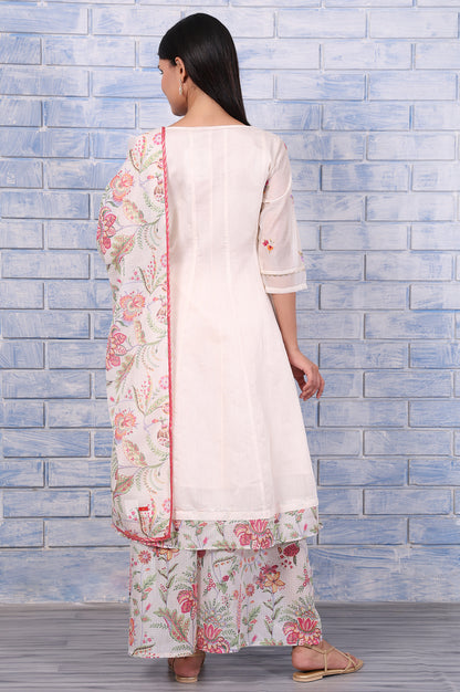 White Embroidered Printed Chanderi Flared Kurta, Palazzo And Dupatta Set