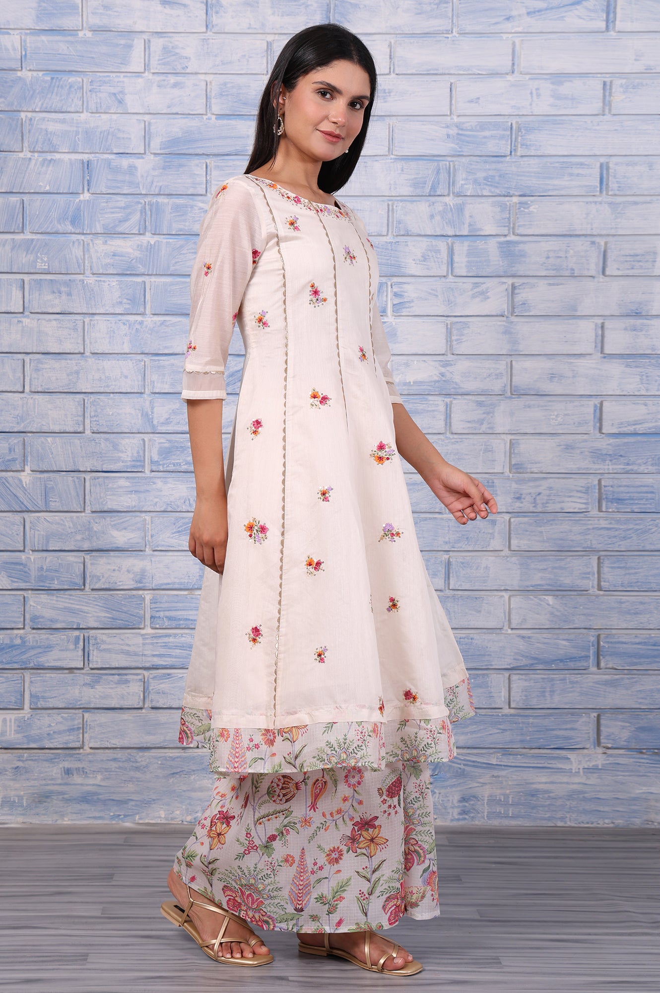 White Embroidered Printed Chanderi Flared Kurta, Palazzo And Dupatta Set