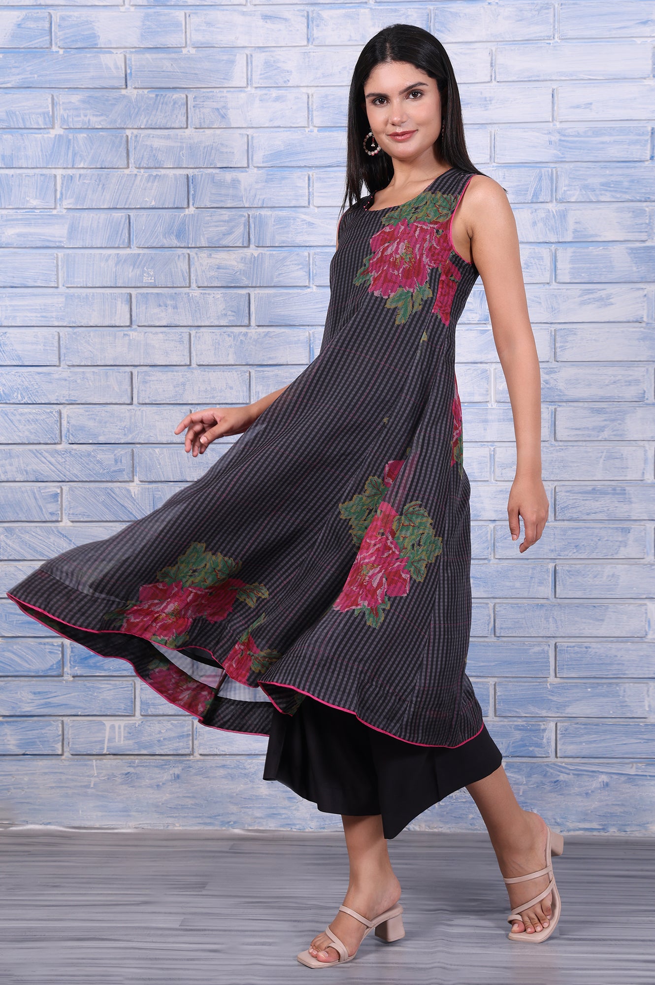 Black Floral Printed Beads Organza Flared Kurta, Cropped Flared Pants And Dupatta Set