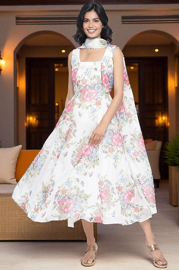 Ecru Printed Organza Flared Dress and Dupatta Set