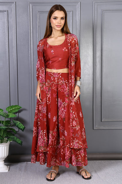 Red Floral Printed Lace Chiffon Crop Spaghetti Top, Jacket and Flared Pants Set