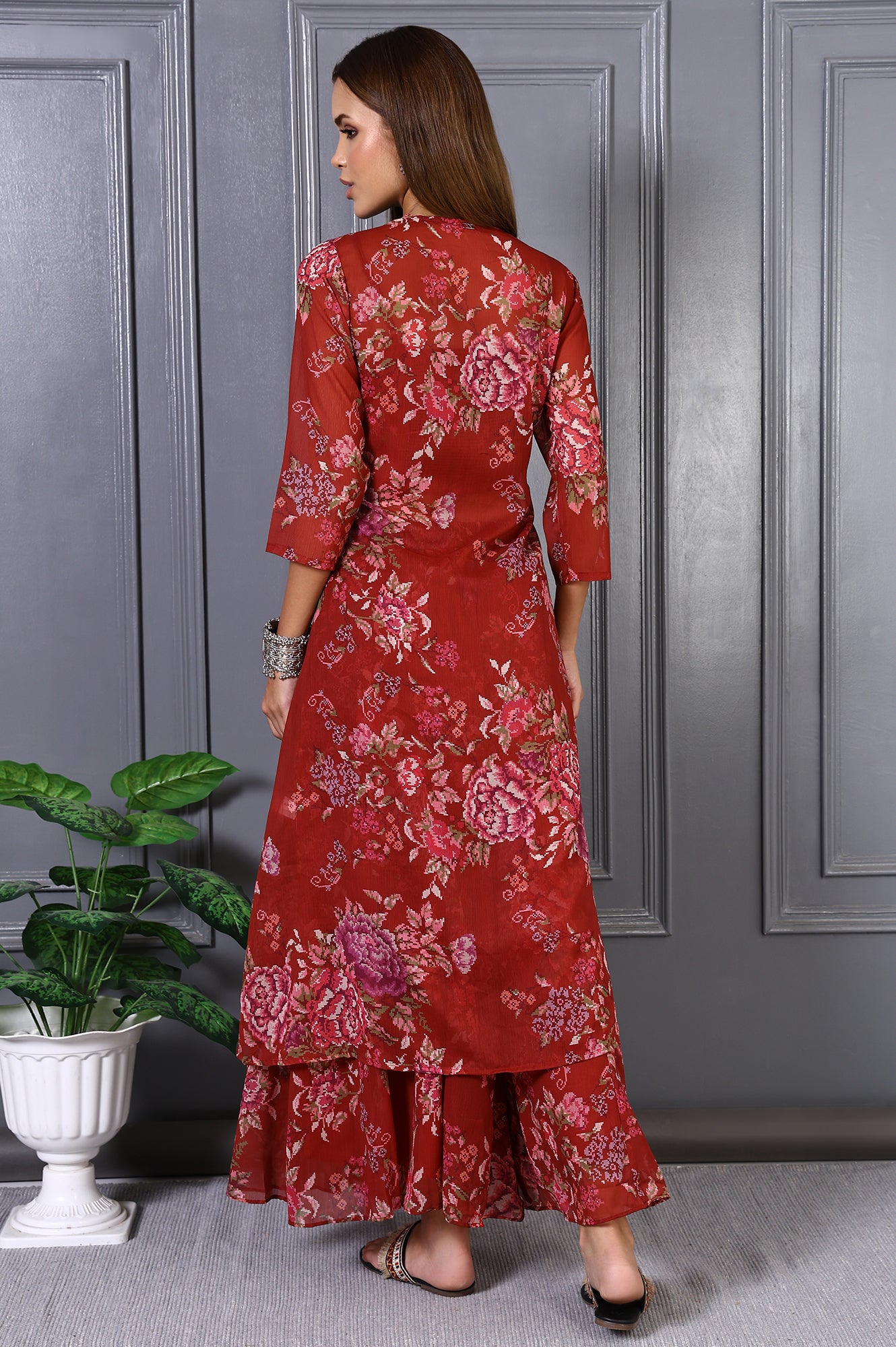 Red Floral Printed Lace Chiffon Crop Spaghetti Top, Jacket and Flared Pants Set