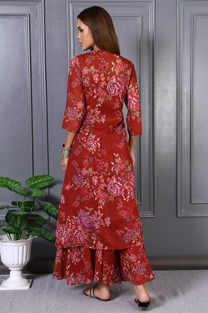 Red Floral Printed Lace Chiffon Crop Spaghetti Top, Jacket and Flared Pants Set