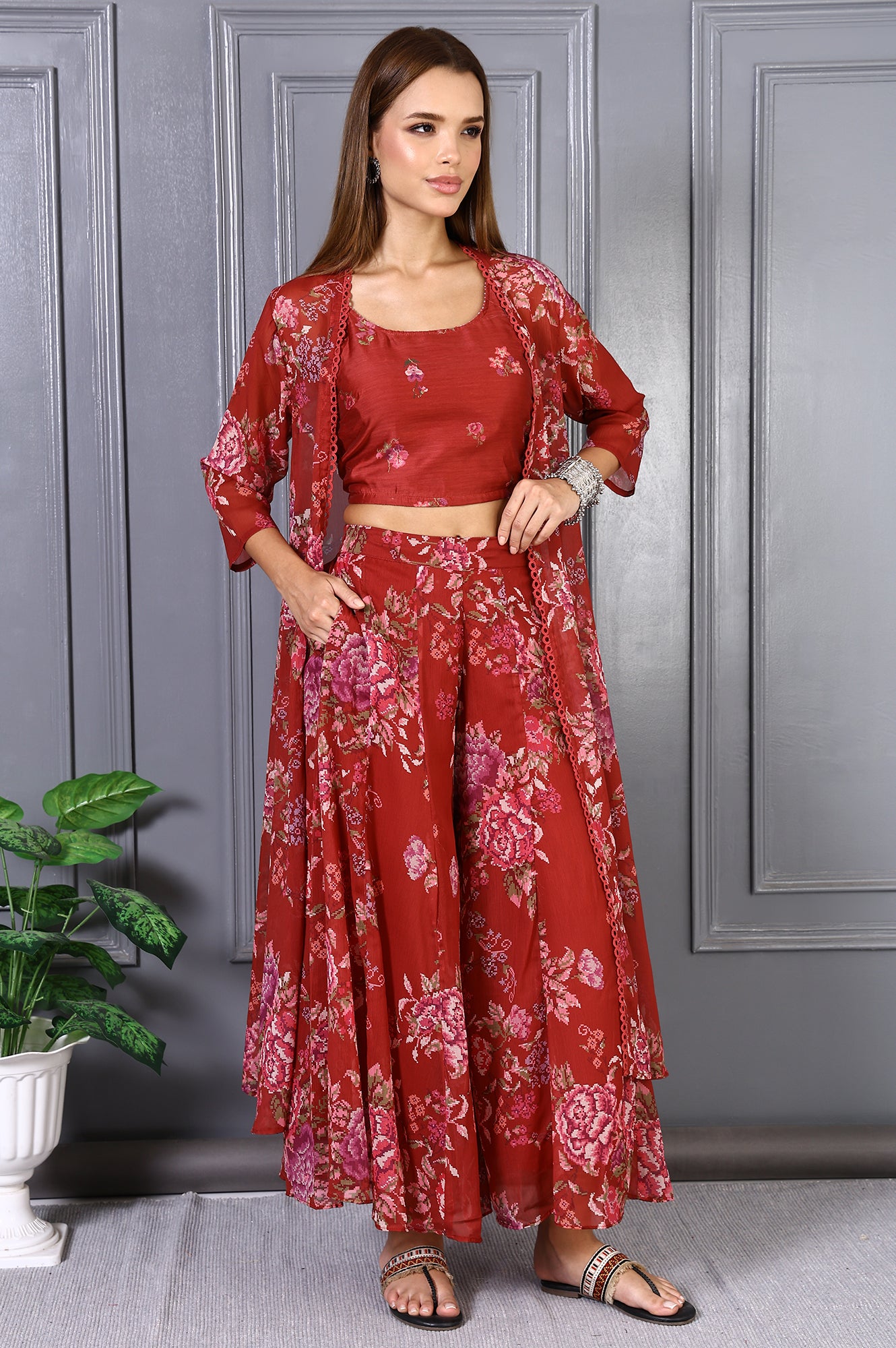 Red Floral Printed Lace Chiffon Crop Spaghetti Top, Jacket and Flared Pants Set