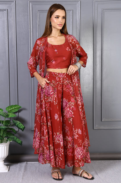 Red Floral Printed Lace Chiffon Crop Spaghetti Top, Jacket and Flared Pants Set
