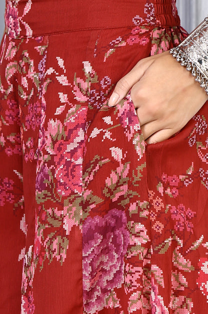 Red Floral Printed Lace Chiffon Crop Spaghetti Top, Jacket and Flared Pants Set