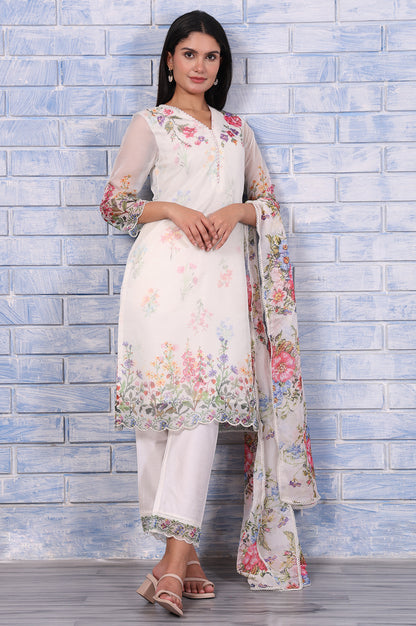 White Floral Printed Beads Organza Straight Kurta, Straight Pant And Dupatta Set
