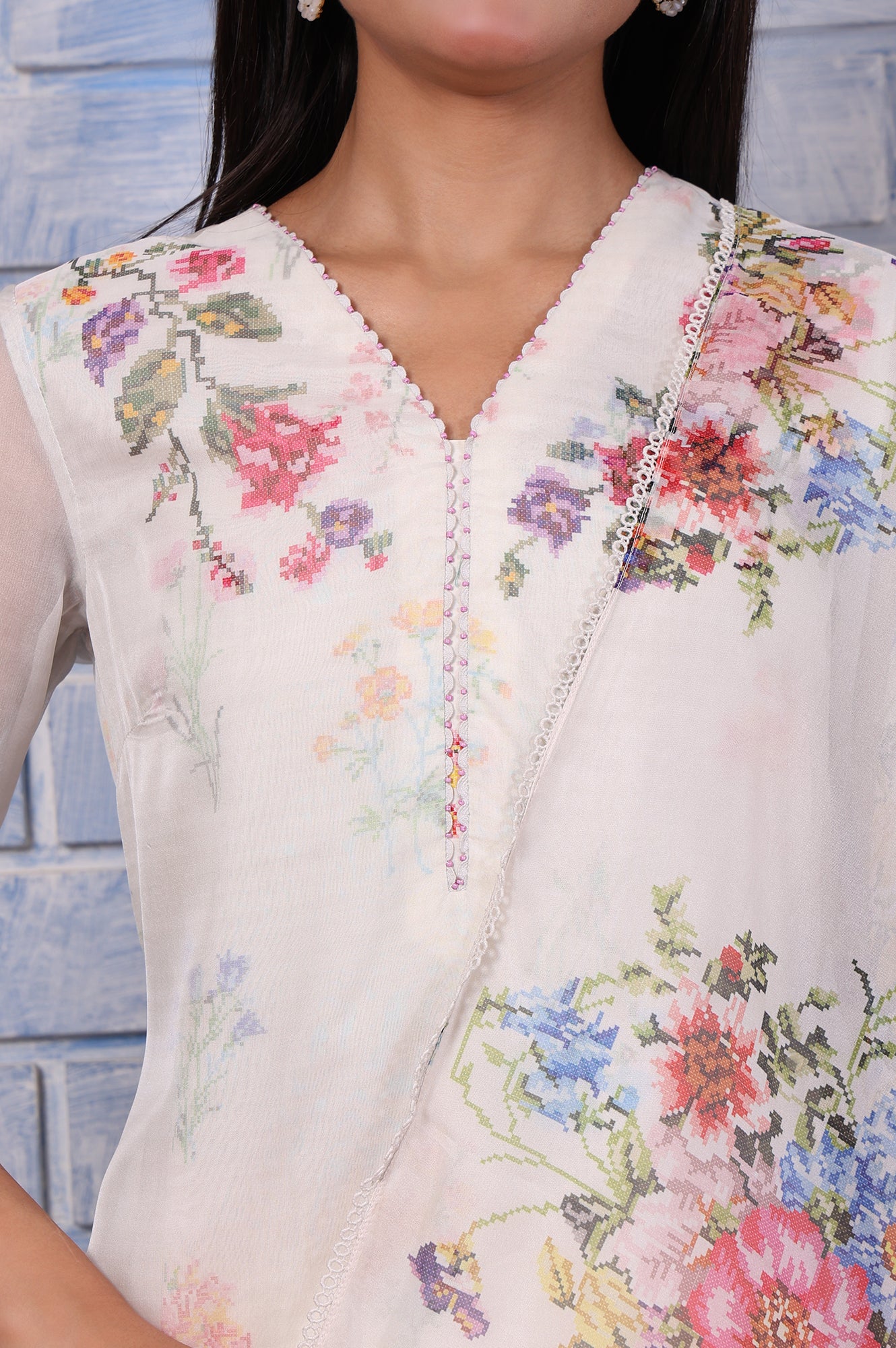 White Floral Printed Beads Organza Straight Kurta, Straight Pant And Dupatta Set