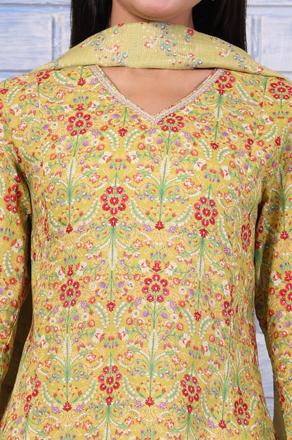 Green Floral Printed Lace Pure Cotton Flared Kurta, Straight Pant And Dupatta Set