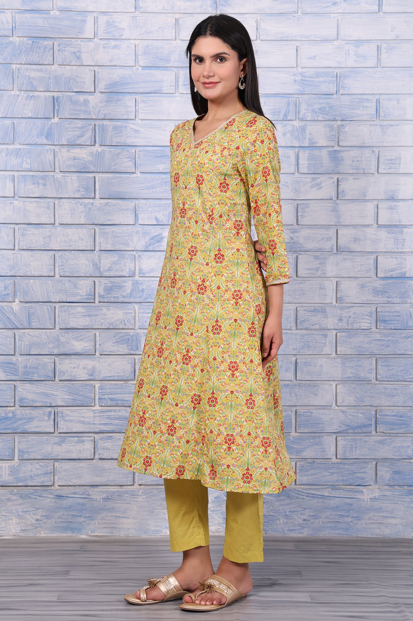 Green Floral Printed Lace Pure Cotton Flared Kurta, Straight Pant And Dupatta Set