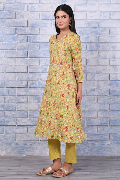 Green Floral Printed Lace Pure Cotton Flared Kurta, Straight Pant And Dupatta Set