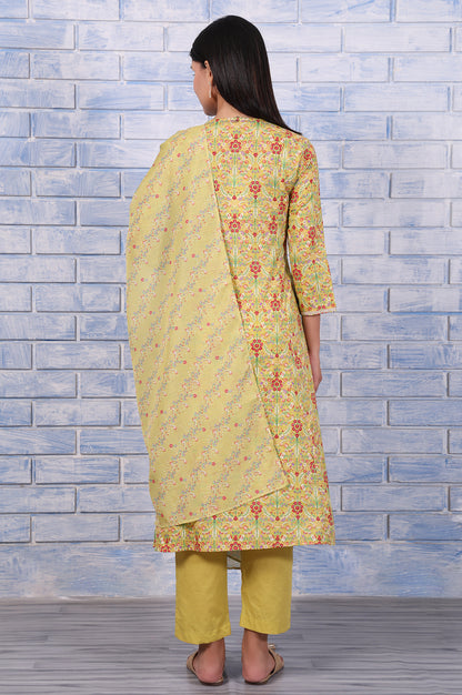 Green Floral Printed Lace Pure Cotton Flared Kurta, Straight Pant And Dupatta Set